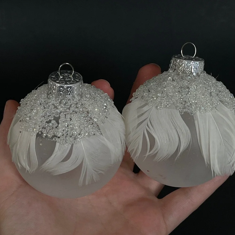 Crate & Barrel Christmas Ornaments White Frosted Glass Beaded Feather Set of 2